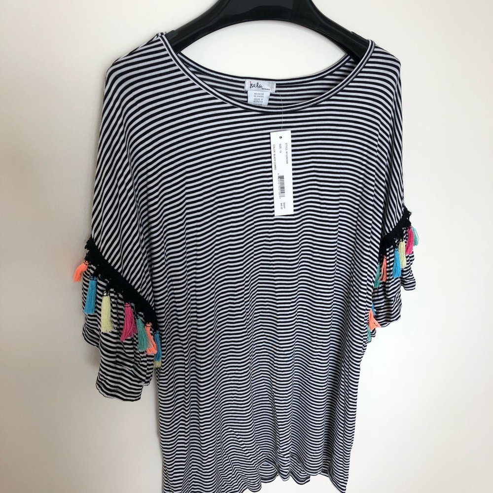 Isela Black and White Stripped Pom Pom Top - Picture 3 of 8